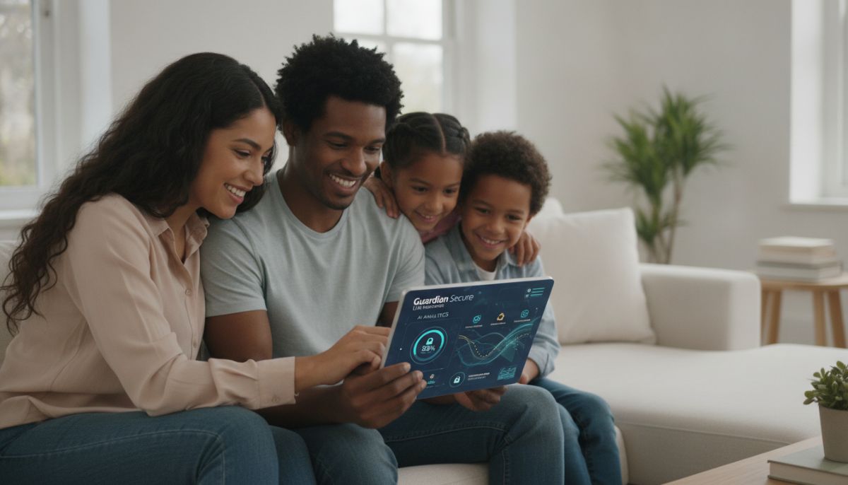 A young diverse family sitting on a living room couch looking happily at a tablet showing a secure digital life insurance dashboard with clean AI data visualizations.