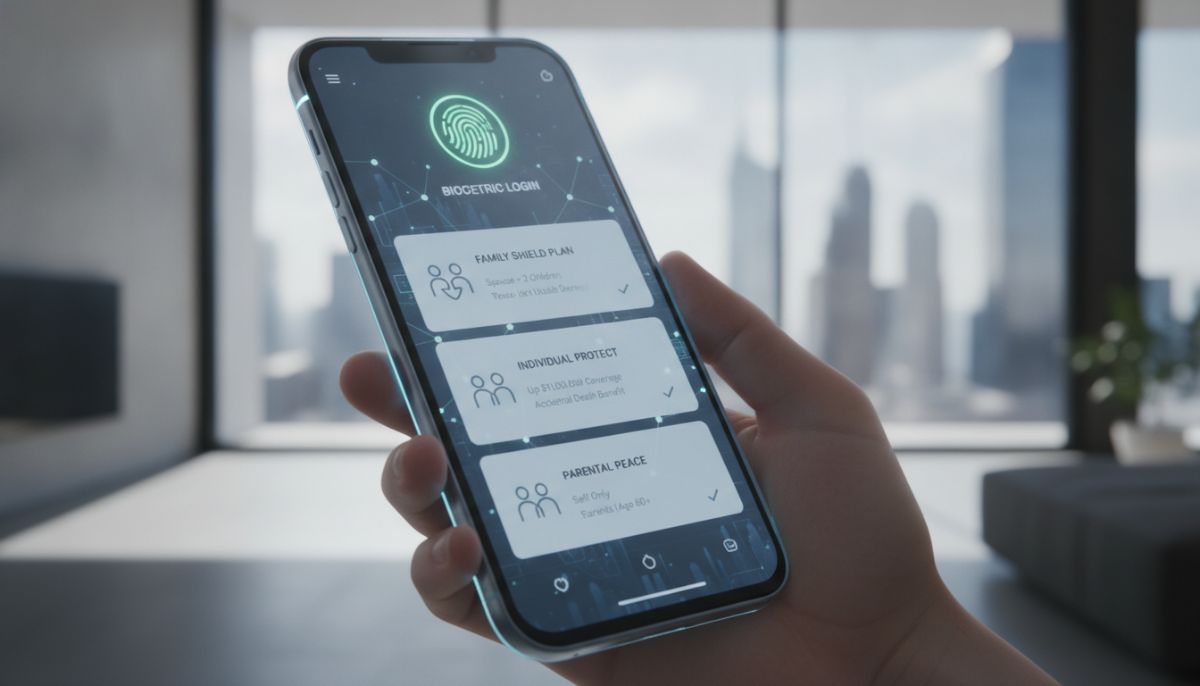 A sleek futuristic smartphone displaying a modern life insurance app interface with biometric login and a clean breakdown of family coverage options.