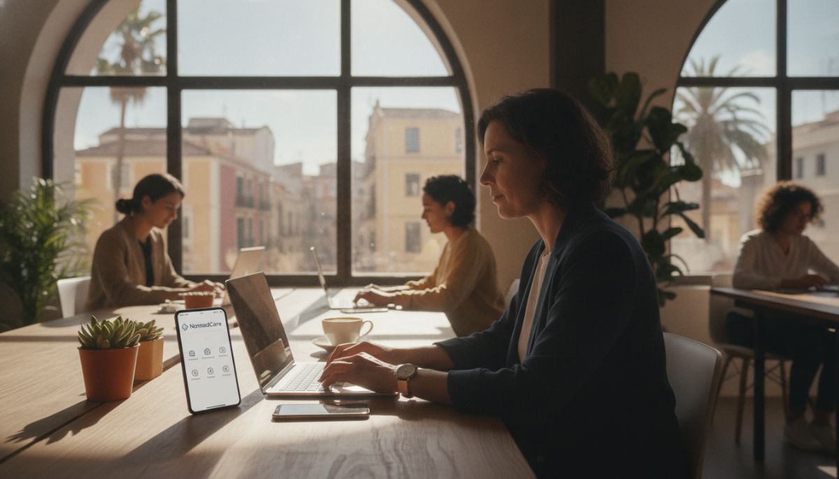 A professional remote worker sitting in a modern, sunlit co-working space in a vibrant foreign city, typing on a laptop with a digital health insurance app displayed on their smartphone nearby.