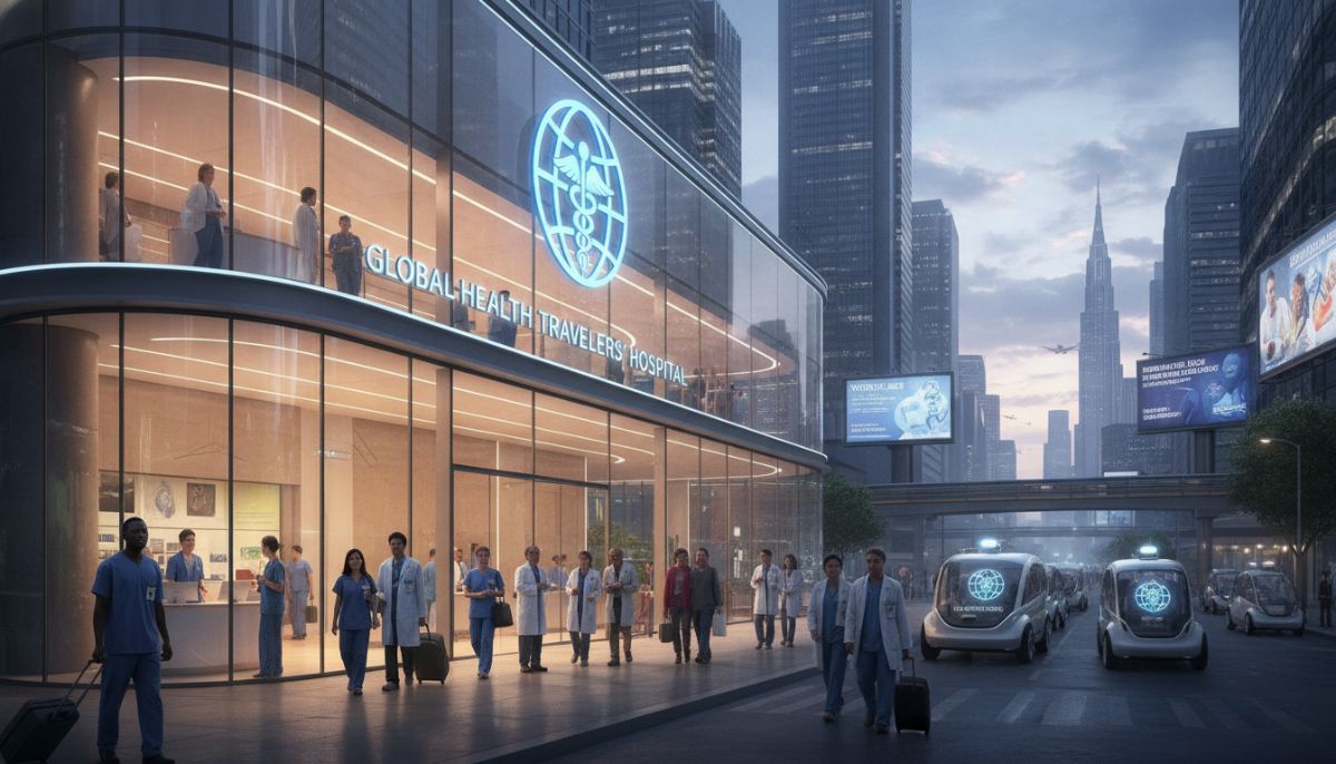 A modern medical facility in a cosmopolitan city with international staff, symbolizing high-quality, globally accessible healthcare for travelers.
