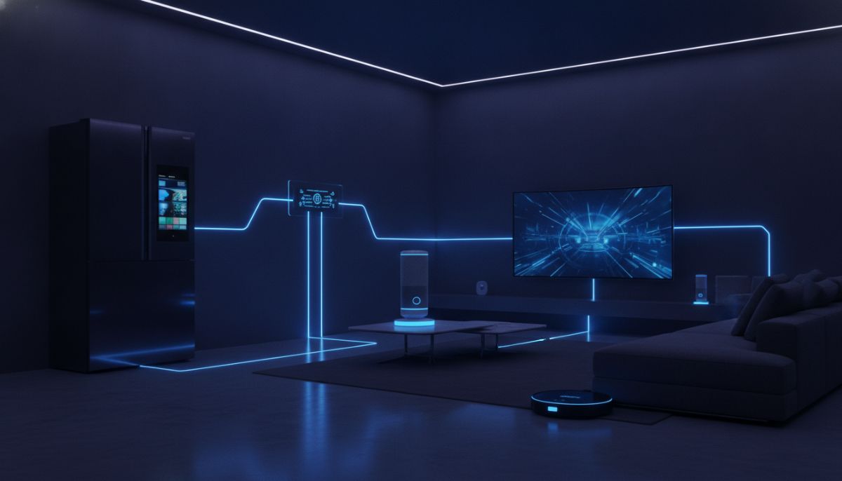 A futuristic dark living room with faint blue neon glowing lines connecting smart appliances like a refrigerator, speaker, and thermostat, representing a vulnerable home network, high-tech aesthetic, photo-realistic