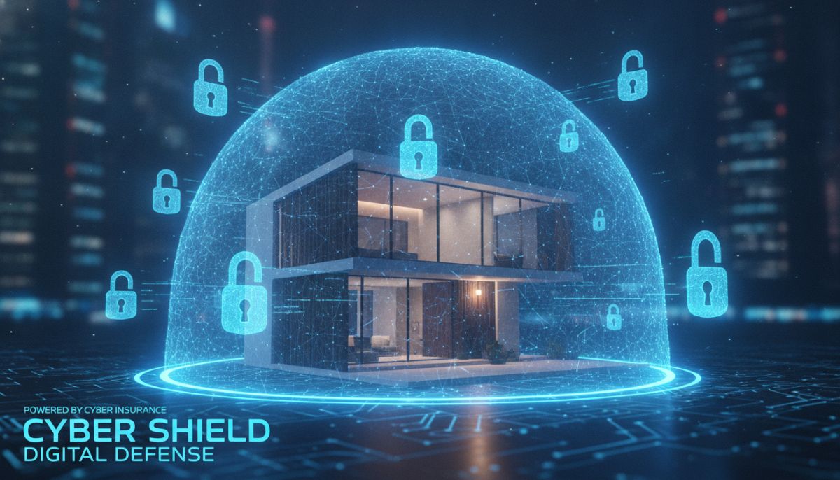 A conceptual 3D render of a modern house enclosed inside a semi-transparent, glowing blue digital shield, with security lock icons floating around it, symbolizing digital protection and cyber insurance