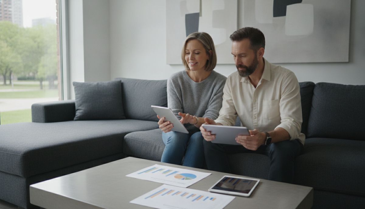 A mature millennial couple sitting in a modern living room, looking at financial planning charts and digital tablets with a look of calm security and confidence.