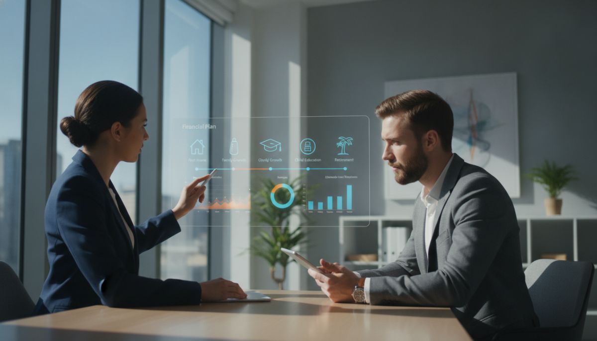 A professional financial advisor presenting a digital timeline illustrating life milestones and retirement planning strategies to a millennial professional in a brightly lit office.