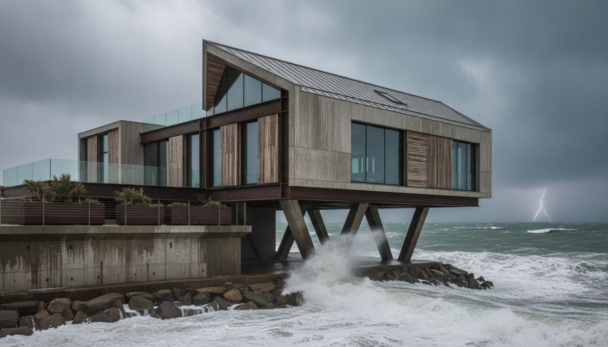 A modern, elevated coastal house built with reinforced materials standing strong against high wind and storm waves, representing climate-resilient architecture.