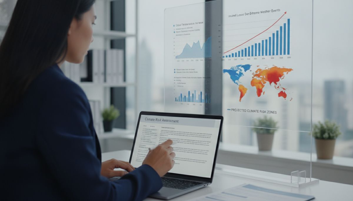 A professional insurance agent reviewing complex policy documents on a laptop screen with graphs of climate risk projections in the background.