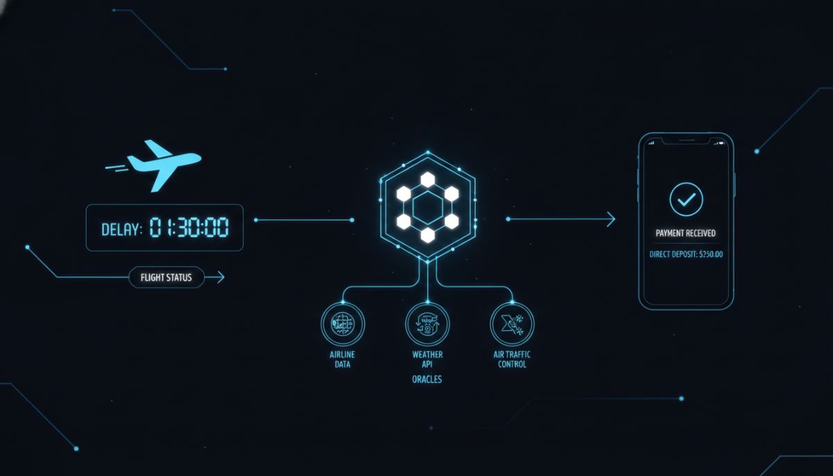 A clean, high-tech conceptual diagram showing a smart contract execution process for flight delay insurance. On the left, an airplane with a delay timer; in the center, a glowing digital smart contract icon connected to live flight data feeds (oracles); on the right, a mobile phone displaying a direct bank deposit notification. Professional infographic design with neon blue and white colors on a dark background.