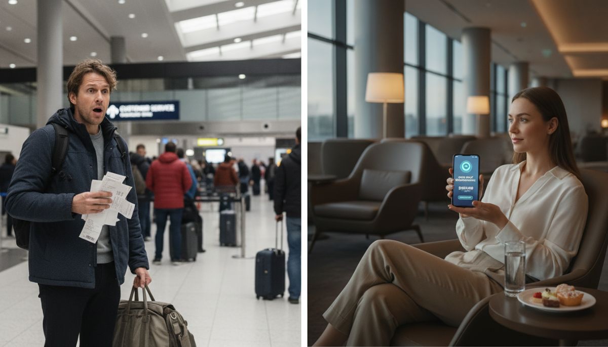 A side-by-side comparison photo of two travelers at an airport terminal. On the left, a frustrated traveler holding paper receipts and waiting in a long customer service line. On the right, a relaxed traveler sitting in a premium lounge, looking at an automated notification on their sleek smartphone indicating a successful flight delay payout. Modern cinematic lighting, professional look.