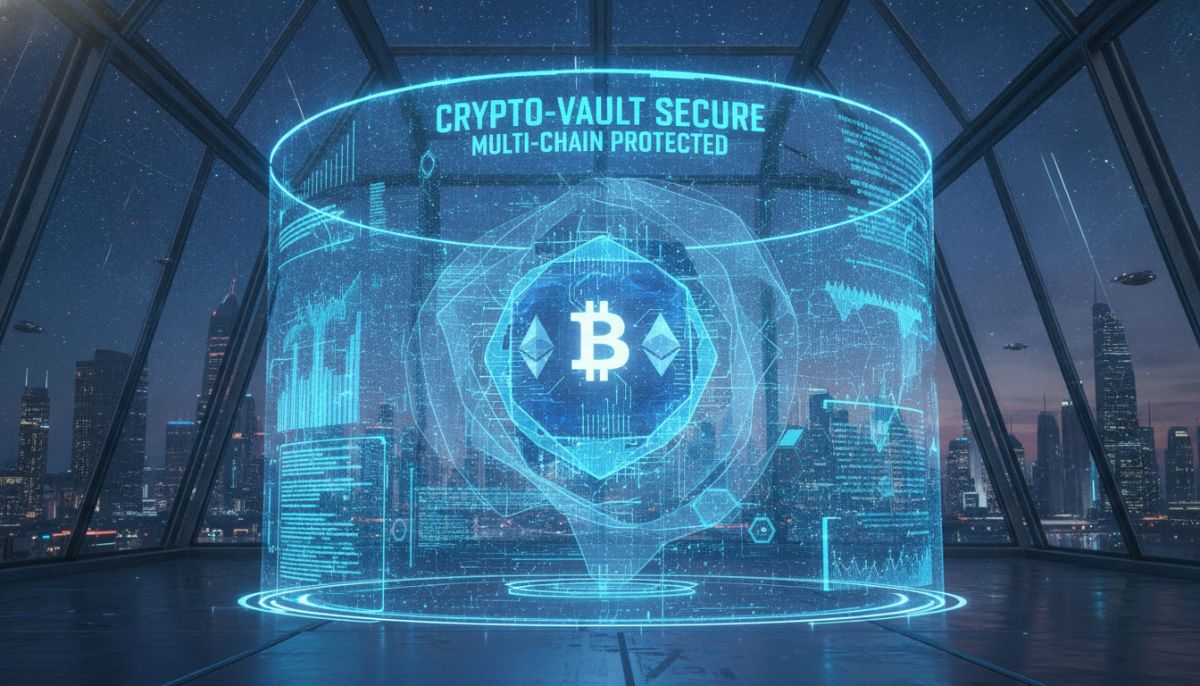A futuristic digital vault with glowing blue holographic shields, representing high-tech security and cryptocurrency wallet protection.