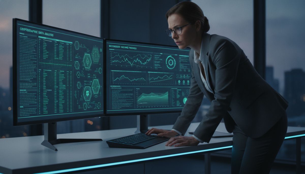 A professional insurance broker analyzing cryptographic data on a dual-screen monitor, looking serious and analytical.