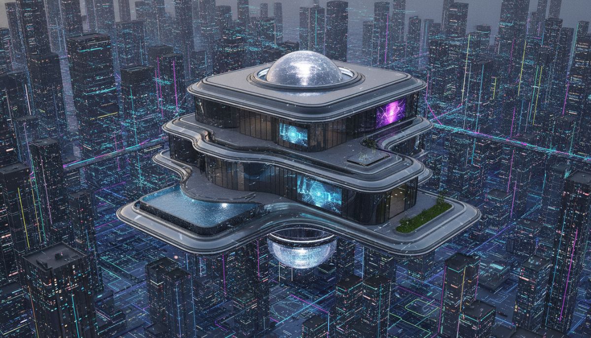 A sleek, futuristic digital villa floating in a neon-lit metaverse city landscape, ultra-detailed architectural design, 3D rendering, unreal engine 5 style