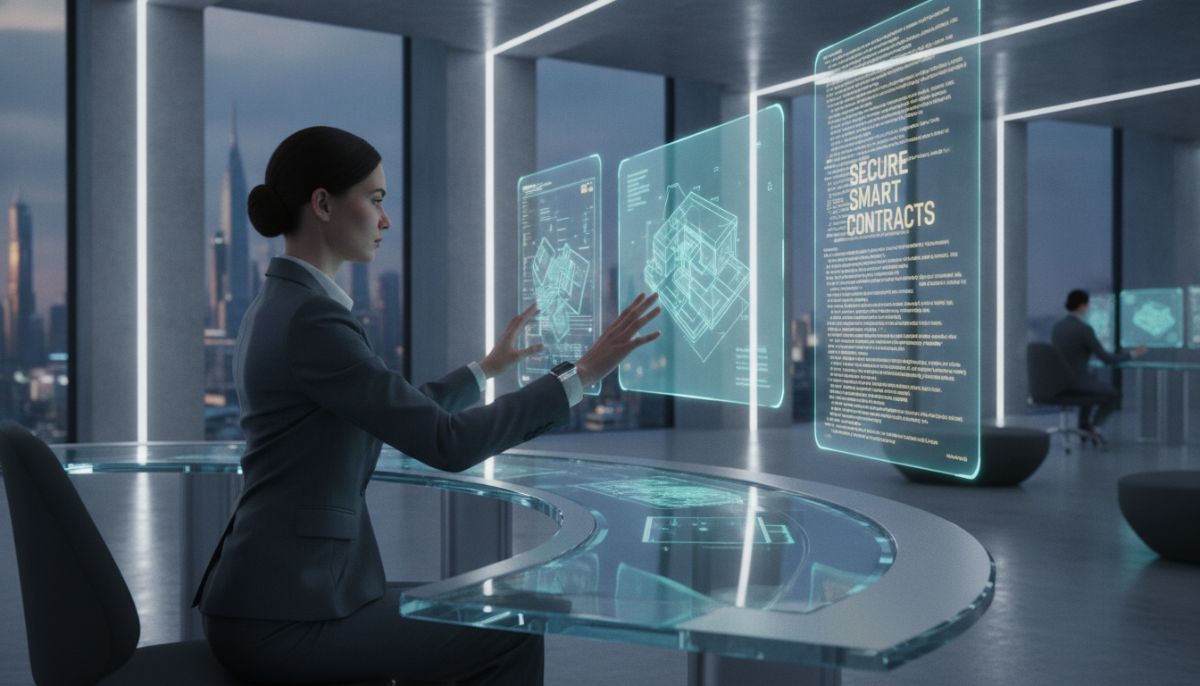 A professional digital risk analyst working with holographic interfaces, analyzing virtual property blueprints and secure smart contracts in a high-tech corporate office