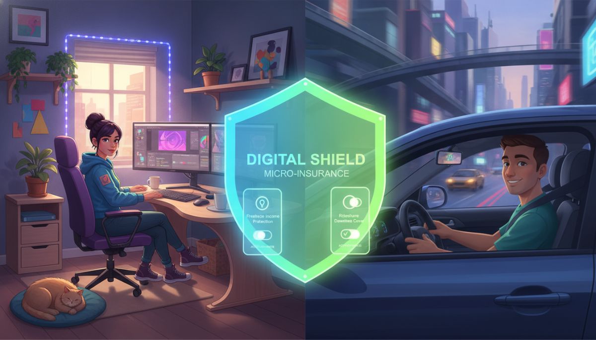 A professional split-screen digital illustration. On the left, a modern freelance graphic designer works in a vibrant home office. On the right, a rideshare driver navigates a city street. Overlaying both sides is a clean, glowing semi-transparent shield representing digital micro-insurance protection, with mobile app interfaces showing active insurance coverage toggles.