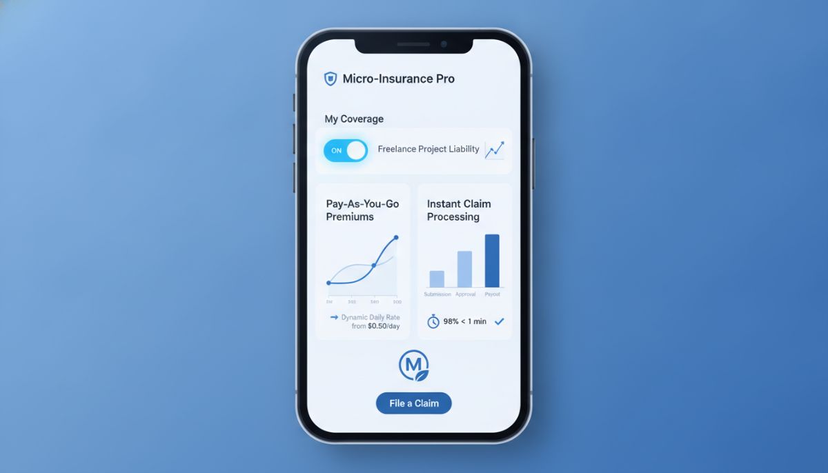 A clean, corporate-style infographic visualizing a mobile phone screen displaying a micro-insurance app. The screen shows a toggle switch turned 'ON' for 'Freelance Project Liability', with dynamic graphs illustrating pay-as-you-go premium rates and instant claim processing metrics, set against a professional soft blue background.