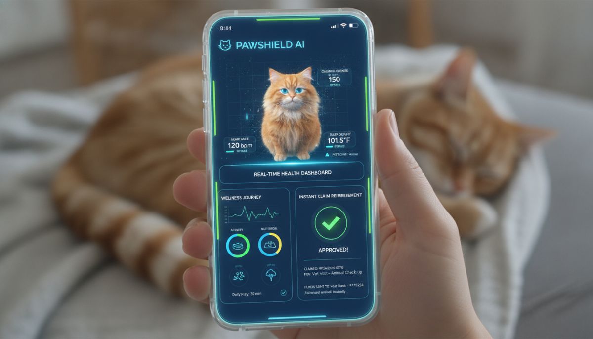 A sleek, high-tech interface of an AI-powered pet insurance mobile application displaying customized wellness goals, a real-time health dashboard, and an instant claim reimbursement confirmation for a domestic cat.
