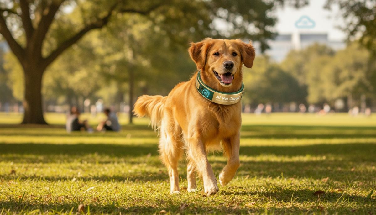 A healthy Golden Retriever running in a sunlit park, wearing a subtle, smart GPS and biometric collar that syncs data with an AI veterinary analysis cloud system.