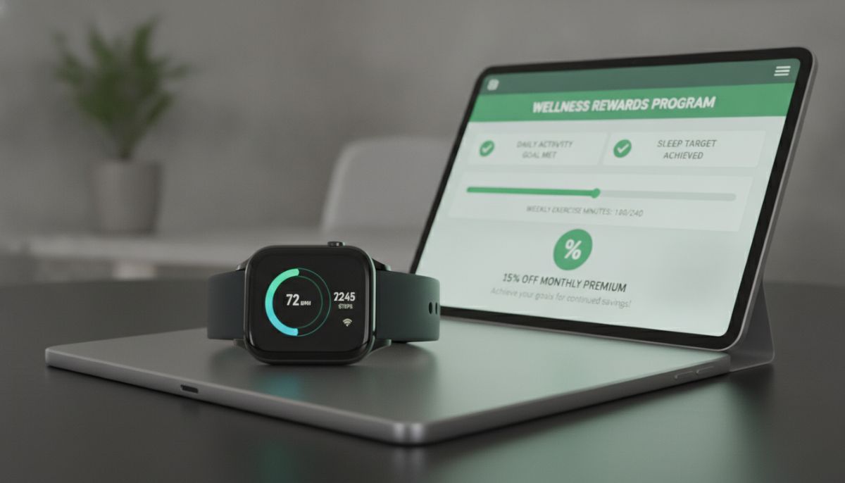 A sleek, modern smartwatch displaying health metrics like heart rate and step count, wirelessly synchronizing with a digital health insurance application on a tablet. The screen shows a user interface with green checkmarks, progress bars toward wellness goals, and discounted premium indicators.
