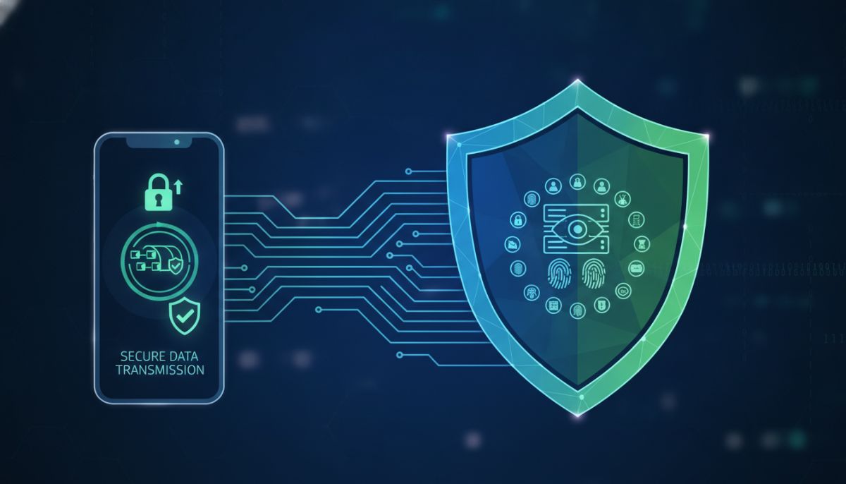 A professional data privacy illustration featuring a stylized digital shield protecting an administrative biometric database icon. Network connections extend safely to a smartphone displaying secure data transmission icons and lock graphics.