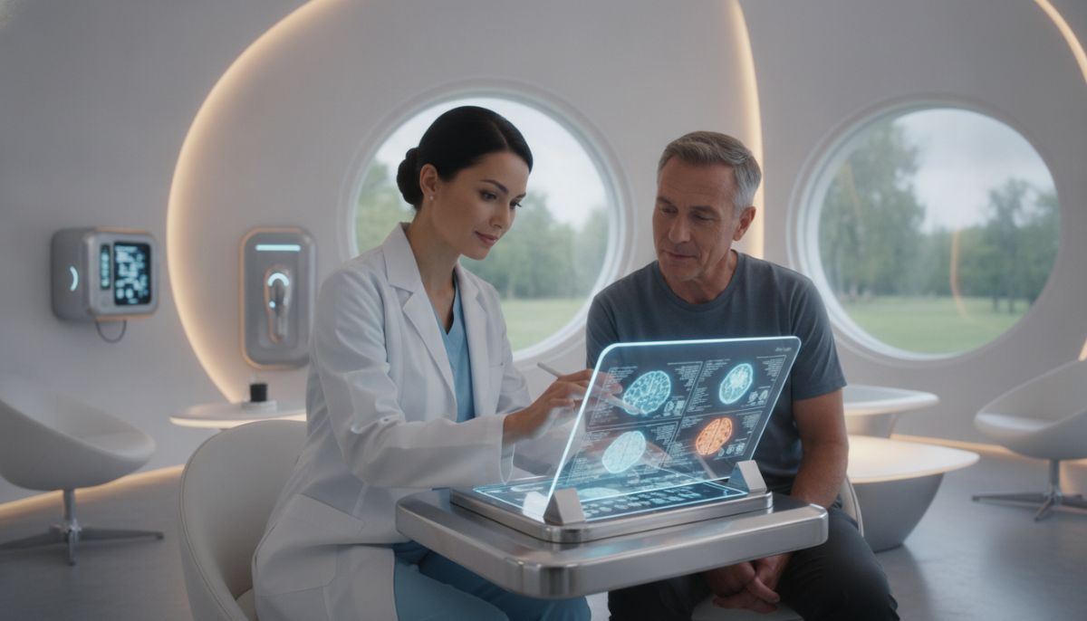 A professional doctor discussing brain scans on a tablet with a patient in a modern, serene clinic environment, warm lighting, futuristic medical technology