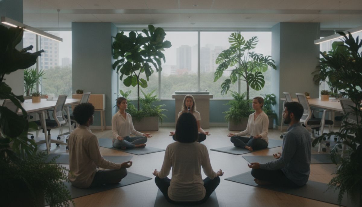 A peaceful office setting with employees participating in a guided meditation session, lush indoor plants, clean and professional atmosphere