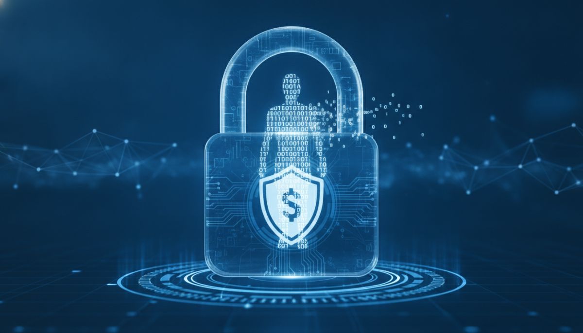 A professional-looking digital padlock surrounding a human silhouette made of binary code, representing personal identity protection and cyber security, highly detailed, corporate blue color palette, 4k resolution