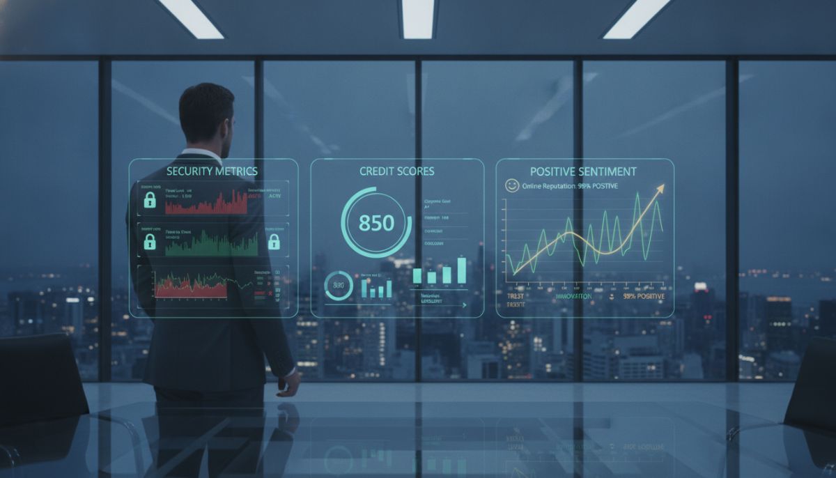 An executive looking at a holographic dashboard displaying security metrics, credit scores, and positive sentiment graphs, symbolizing online reputation management, clean corporate style, professional lighting